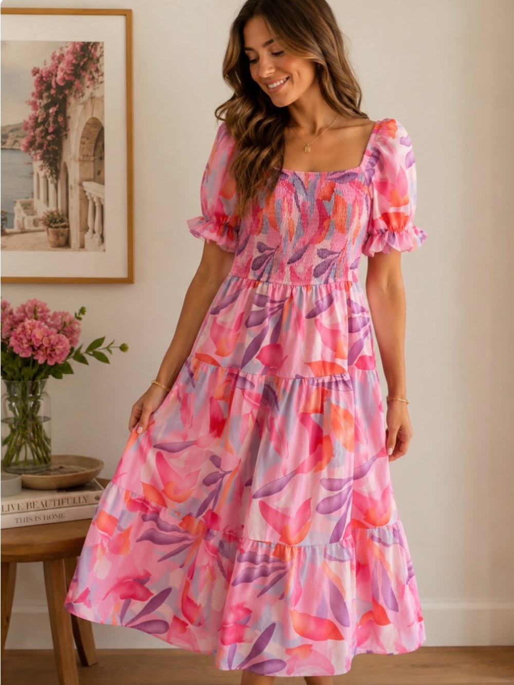 Floral Pink Multi-Color Smocked Tiered Midi Dress